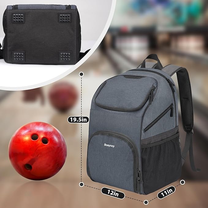 Bosynoy Bowling Backpack, Bowling Ball Bag Totes for Single Ball with Shoe Compartment & Foam Padded, Fits Shoes Up to US Mens Size 16, Grey