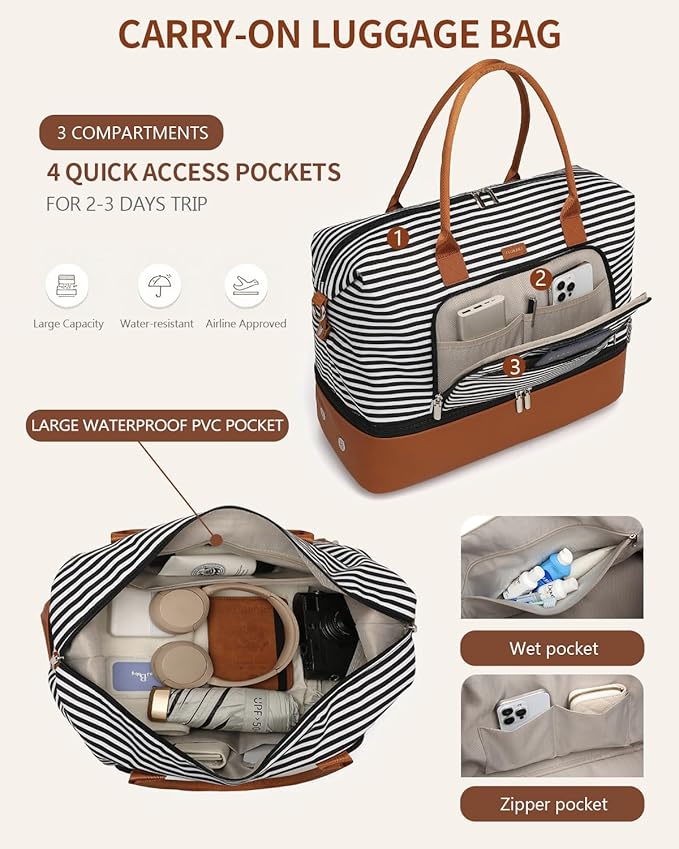 Duffle Bag for Women Travel, Weekender Bag Overnight Bag with Shoe Compartment, Carry on Bag with Crossbody Purse for Over Night, Weekend, Yoga, Gym, Business Trips, Hospital, Black Strip