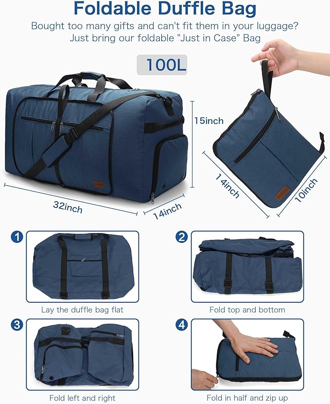 100L Travel Duffle Bag for Men, Urtala 32” Large Duffle Bag for Traveling with Shoe Compartment, Foldable Travel Duffel Bag for Men Women Waterproof & Tear Resistant (Dark Blue, EXTRA LARGE, 100L)