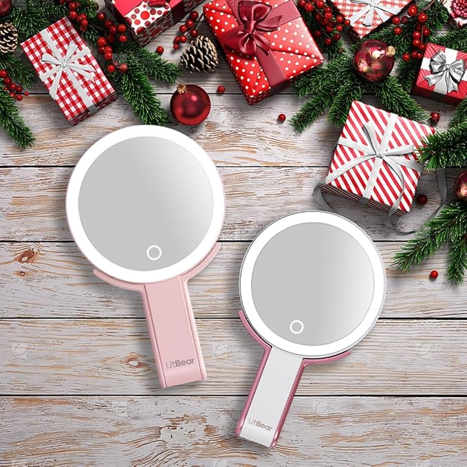 LitBear Travel Makeup Mirror with Lights, Rechargeable Double-Sided 10X/1X Magnifying Mirror, Portable Lighted Beauty Mirror, 3 Color Lighting, Dimmable Touch Screen, Tabletop Handhold Hanging (Pink)