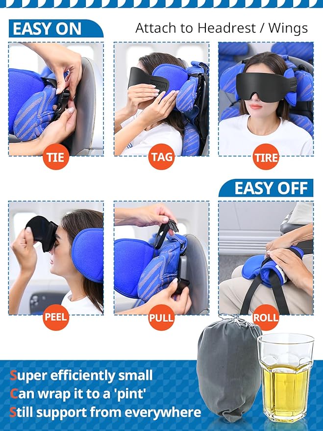 Travel Pillows for Airplanes, Airplane Pillow for Long Flight, Airplane Head Strap with Sleep Eye Mask, 360° Support Headrest for Car Trip, Travel Essentials Stop Bobblehead, Mottled Blue