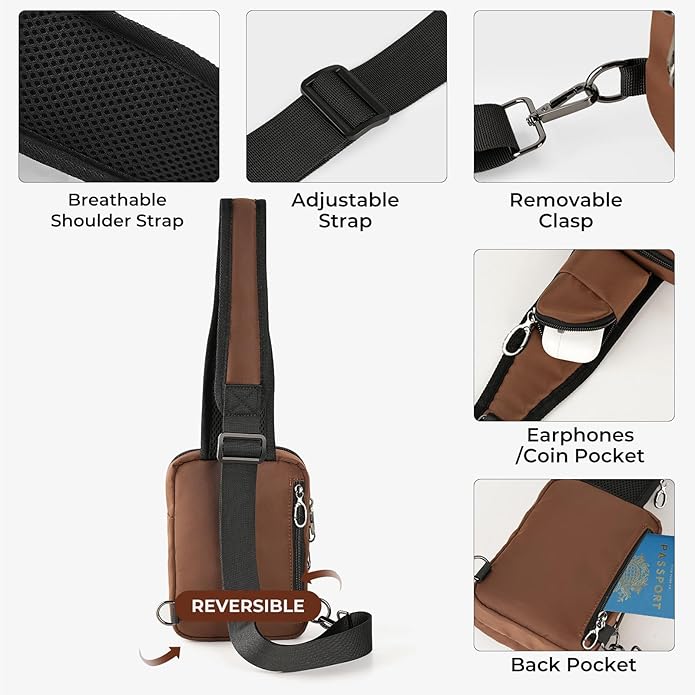 BROADREAM Mini Crossbody Sling Bag, Small Chest Bags Dual Pocket with Zipper Lock, RFID Blocking & Water Resistant Women Men