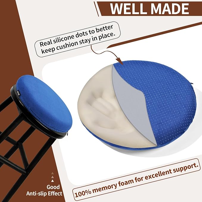 BUYUE Memory Foam Seat Cushion, Dia 15" Soft Velvet Round Stool Cushion Anti-Slip Chair Pads, M, Navy Blue
