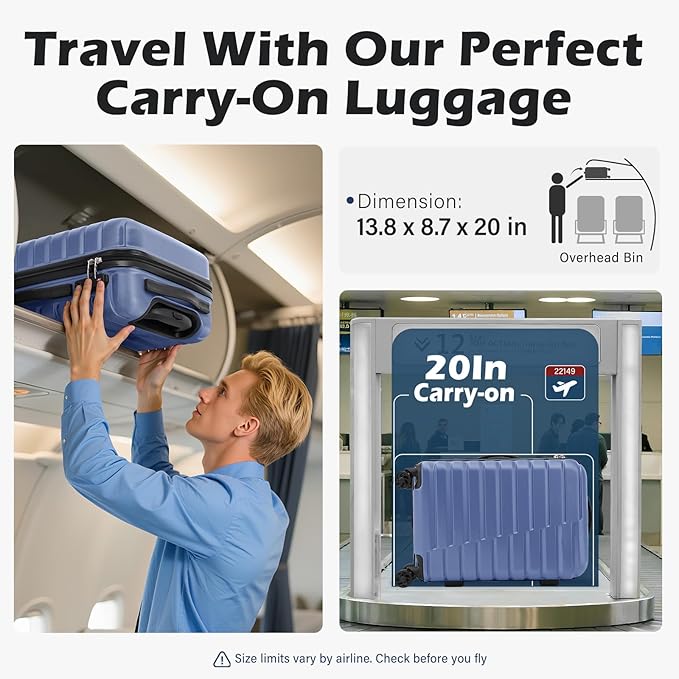 Coolife Carry On Luggage Airline Approved with Spinner Wheels, Hard Shell Suitcase TSA Lock Lightweight Travel Luggage 20-inch,Blue