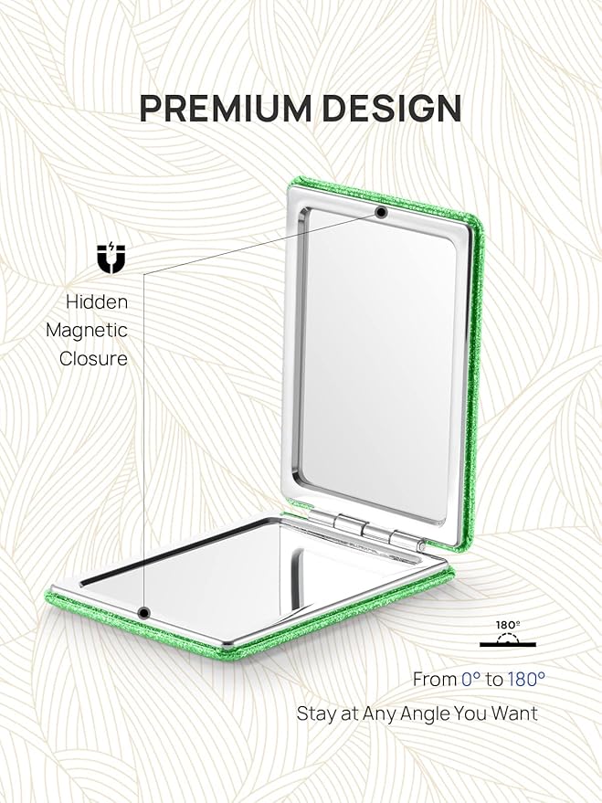 OMIRO Compact Mirror, Glitter PU Leather 1X/3X Magnification, Ultra Portable for Purses, 2.4" W x 3.4" L (Green)