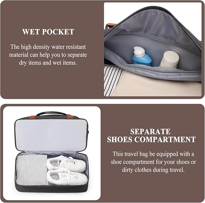Weekender Bags for Women,Travel Duffle Overnight Bag with Shoe Compartment,Personal Item Carry On Bag,Black & Brown,Large,3 Pcs Set