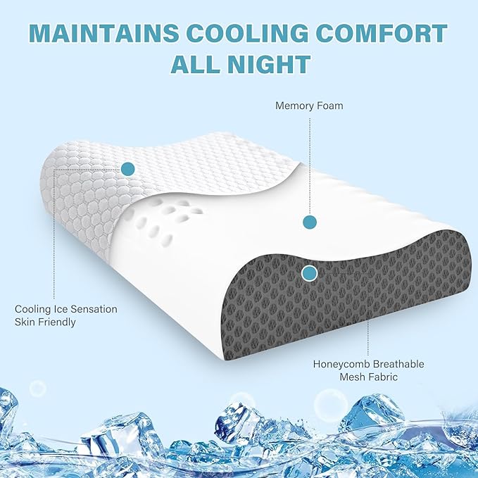 Memory Foam Pillows 2 Pack Neck Pillow - Neck Support Pillow for Pain Relief, Ergonomic Cervical Pillow for Sleeping, Orthopedic Contour Bed Pillow for Side, Back, Stomach Sleepers,Grey