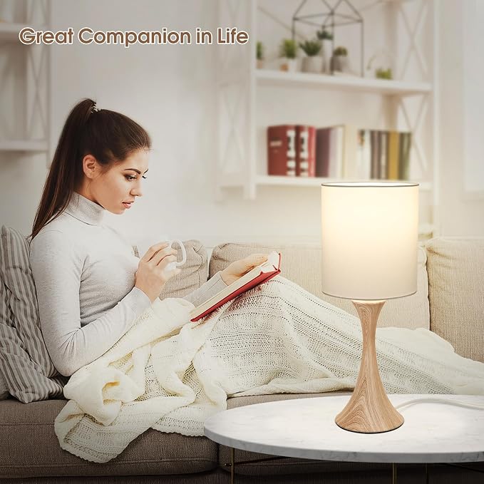 Dimmable Wood Grain Metal Table Lamp, 3 Way Touch Lamp with White Shade | Farmhouse Small Desk Lamp, Modern Nightstand Bedside Lamp for Living Room, Bedroom, Dorm, Office, 3000K LED Bulb Included