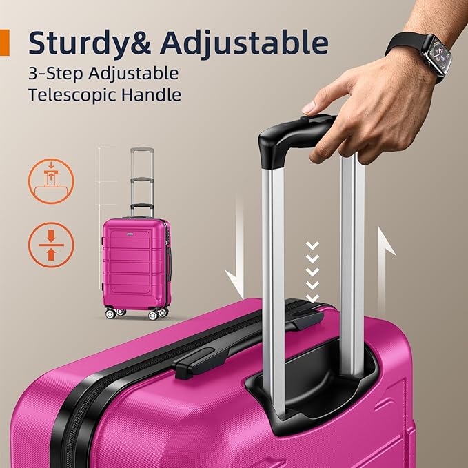 SHOWKOO Full PC Hardshell Luggage Sets, 20/24/28 In Suitcase with TSA Lock & Spinner Wheels, Lightweight Durable Travel Luggage Megenta