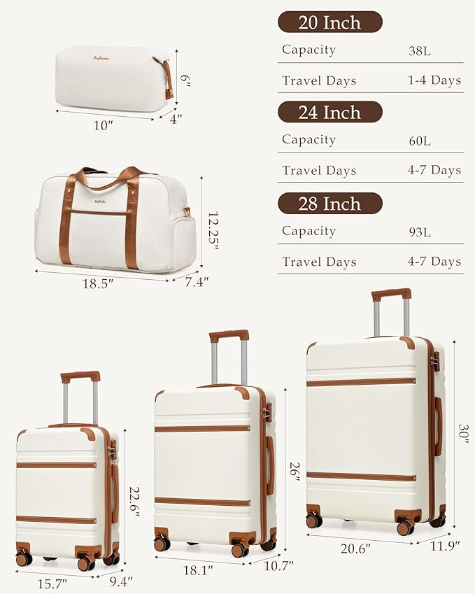 LONG VACATION Luggage Sets 5 Piece, Suitcases With Wheels, PC+ABS Hardshell Luggage Set with Spinner Wheels, TSA Lock (White Brown)