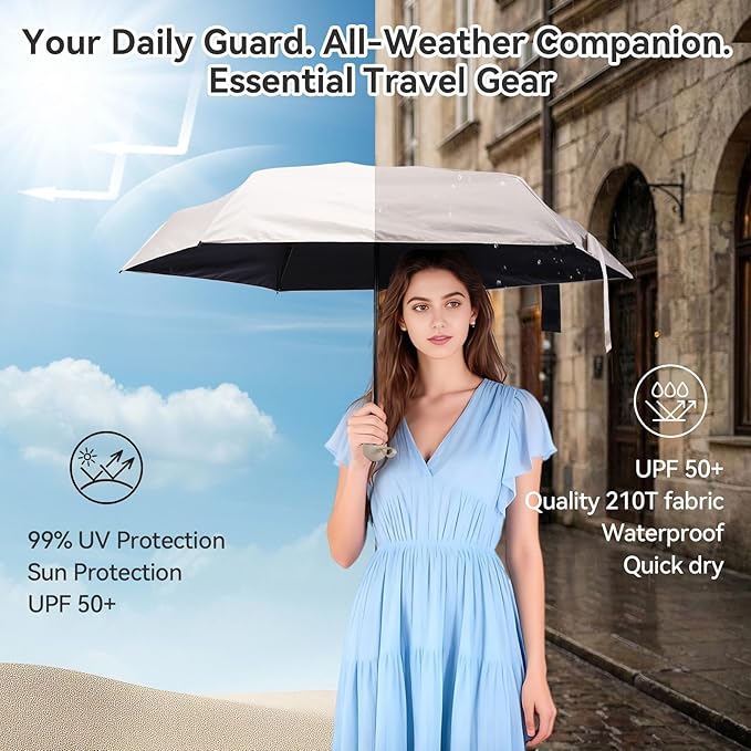 Mini Umbrella for Travel, Compact Folding Umbrella with Case, Lightweight 0.45lb Small Pocket for Backpack and Purse, Rain and Sun Protection - UPF 50+ Windproof Travel Umbrella Compact Mini for Outdoor Use