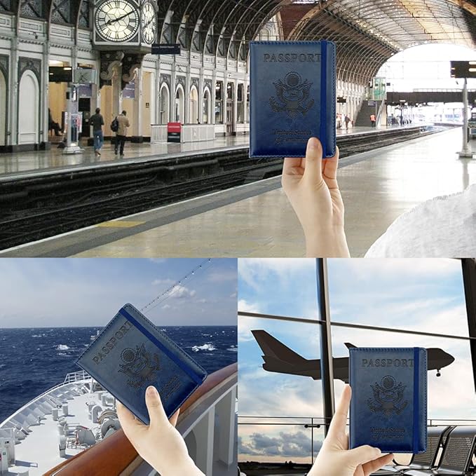 Passport Holder for Travel,Leather Passport Holder RFID Blocking Passport Cover Wallet Passport Case with Pen Holder Passport Holders for Travel Women Men Family Travels Must Haves Essential,Navy Blue