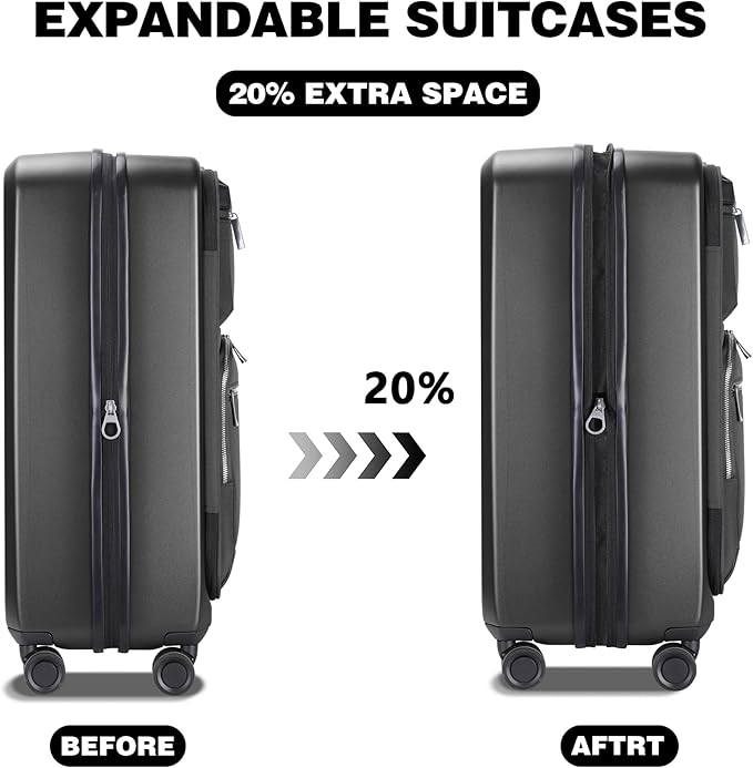 Luggage Sets 2 Piece, Carry On Luggage with Front Pocket & USB Port and 28 Inch Expandable Checked Luggage, Hybrid Soft Front & Hard Shell Suitcases with Spinner Wheels & TSA Lock, Grey