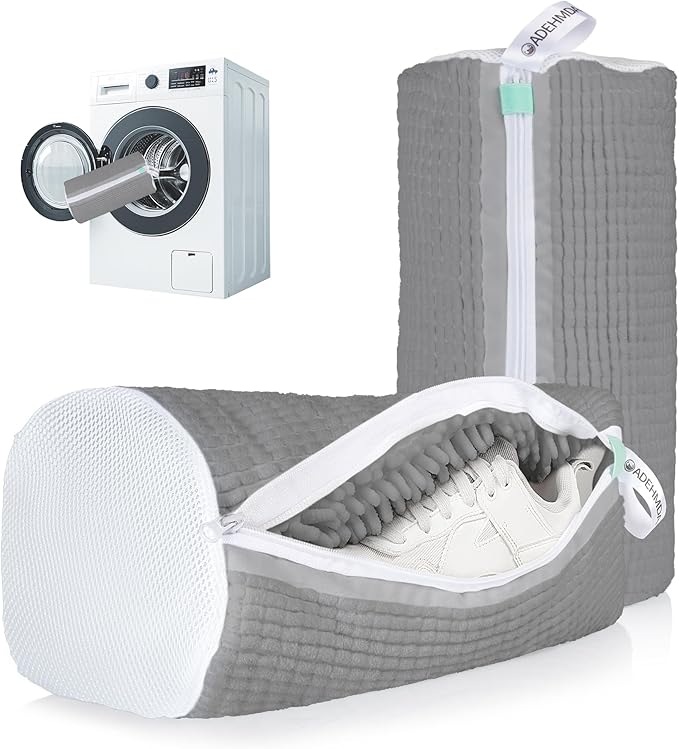 2Pcs Shoe Washing Machine Bag, Sneaker Laundry Bag for Washing Machine, Extra Long and Thick Microfibre Fluff, Reusable for Washer and Dryer (2pcs, Gray-white)