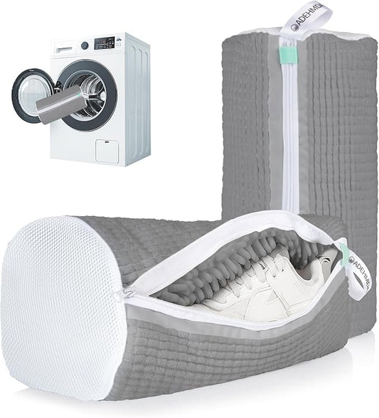 2Pcs Shoe Washing Machine Bag, Sneaker Laundry Bag for Washing Machine, Extra Long and Thick Microfibre Fluff, Reusable for Washer and Dryer (2pcs, Gray-white)