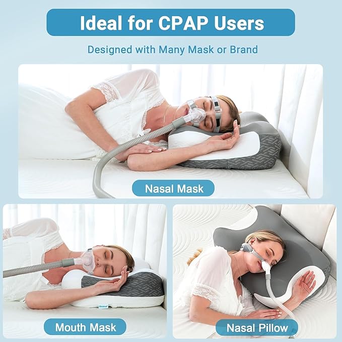 Elviros Cervical Neck Pillow for Neck Pain Relief, CPAP Pillow for Side, Back & Stomach Sleepers, Ergonomic Orthopedic Pillow for CPAP Users to Reduce Air Leaks and Mask Pressure, Dark Grey