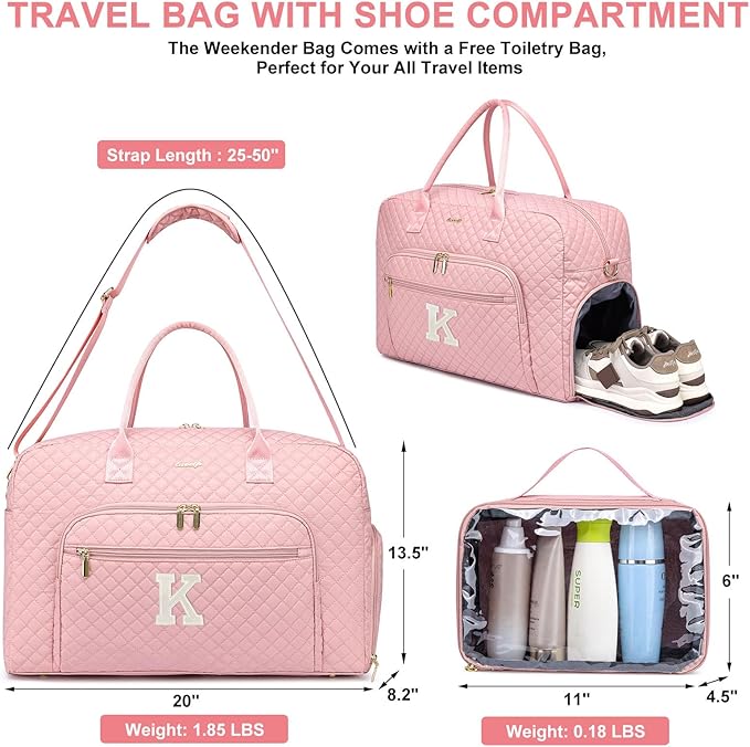 Letter Travel Duffle Bags for Women - Initial Personalized Weekender Bag with Shoe Compartment Carry On Overnight Bag with Toiletry Bag Duffel Bags Hospital Bags Birthday Gifts Pink (Letter K)