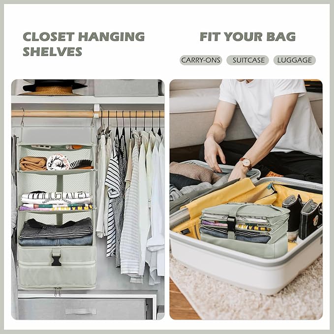Surblue Hanging Closet Storage Bag Collapsible 3-Shelf Washable Oxford Fabric with 2 Hooks (L 11.41 * 11.41 * 19.68in, Light Gray)