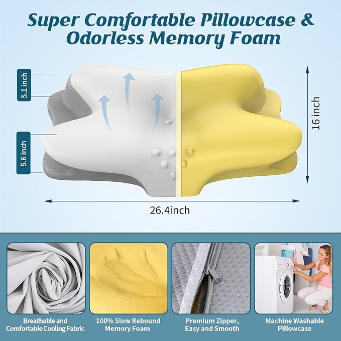 Cervical Neck Pillow - Cooling Pillow for Neck Pain Relief, Ergonomic Side Sleeper Pillow for Sleeping, Contour Orthopedic Memory Foam Pillows for Back & Stomach Sleepers with Pillowcase