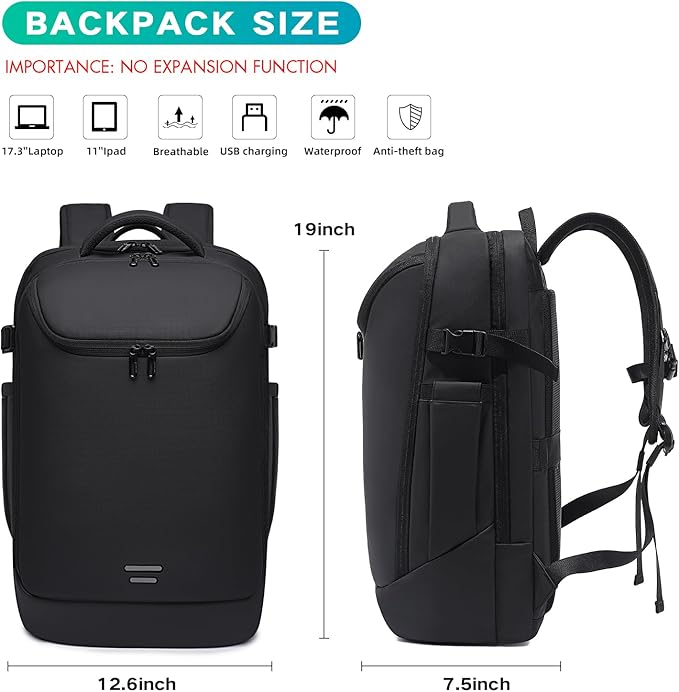 TANGCORLE Travel Carry on Backpack Expandable Flight Approved Backpacks 17.3 inch Laptop Business Back Pack for Women Men,Black-30l(no Expansion) /Non-vacuum