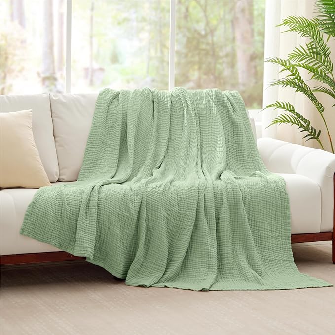 100% Cotton Muslin Blanket Queen 90" x 90", 6 Layers Breathable and Lightweight Cotton Throw Blanket for Bed, Soft Quilt Bedspread Coverlet, Gauze Blanket for Adults All Season, Sage Green