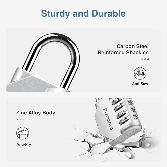 Puroma 4 Pack Combination Lock for Locker 4 Digit Outdoor Waterproof Padlock for School, Gym, Sports, Fence, Toolbox, Gate, Case, Outdoor, Hasp Storage, Cabinets (Silver & Black)