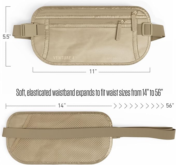 VENTURE 4TH Money Belt for Travel – Hidden Under-Clothes RFID Blocking Passport Holder & Slim Travel Wallet Pouch for Men & Women to Protect Cash, Cards & Documents (Sleek Beige)