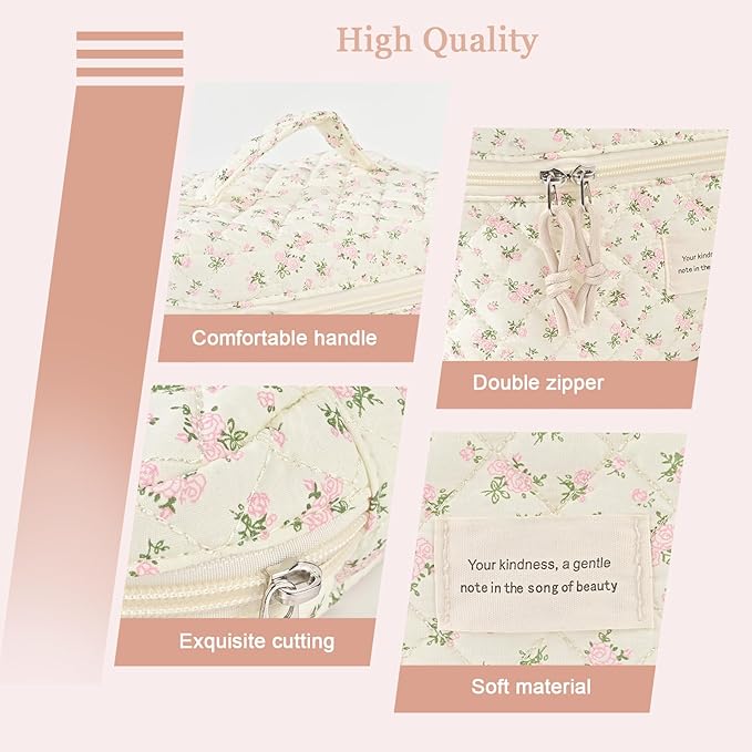 Cute Makeup Bag for Women(2 Pcs), Travel Cosmetic Bags, Quilted Coquette Aesthetic Floral Toiletry Organizer Bag (46 - PinkMuDan)
