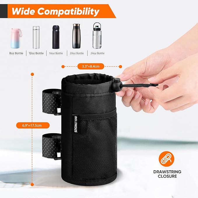 Belinous Bike Cup Holder for 8-24oz Bottles, Scooter Water Bottle Holder for Walker Wheelchair UTV Golf Cart and Boat, e-Bike Drink Holder with Net Pockets and Hook and Loop Straps