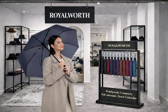 Windproof Travel Umbrella - Compact, Light, Full Automatic Open/Close - Folding Backpack Umbrella for Rain & Sun UV Preotection For Men & Women, Unbreakable 8 Fiberglass Ribs UK Design