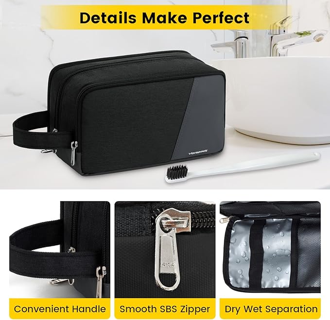 Vorspack Travel Toiletry Bag - Toiletry Bag for Men Water Resistant Skincare Bag for Bathroom Toiletries Accessories Gifts - Black (Pack of 2)