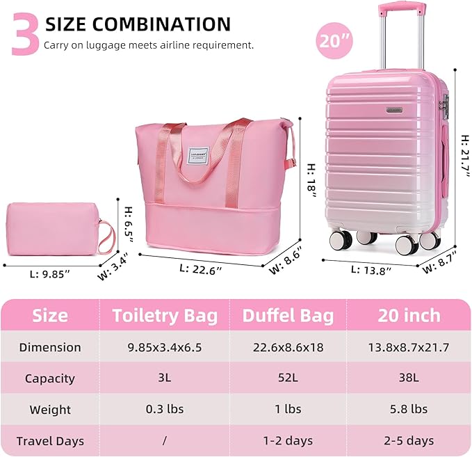 LARVENDER Luggage Sets 3 Piece, 20 Inch Carry on Luggage 22x14x9 Airline Approved Hardside PC+ABS Suitcase Set with Spinner Wheels TSA Lock, Lightweight Luggage Set for Women, Peach Sparkling