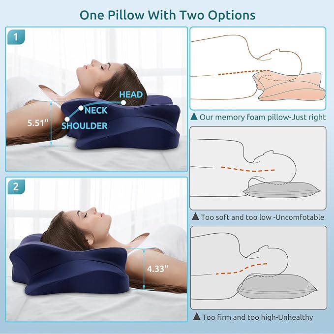 DONAMA Cervical Pillow for Neck and Shoulder Pain Relief, Cooling Contour Memory Foam Pillow, Dual-Height Ergonomic Neck Support Pillow for Side Back Stomach Sleepers with Removable Pillowcase