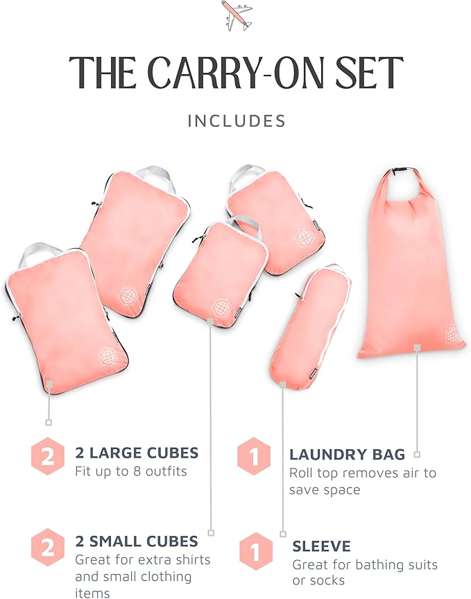 Compression Packing Cubes 6 Piece Set for Carryon Suitcases- Lightweight, Durable Clothes Organizer (Coral Rose)