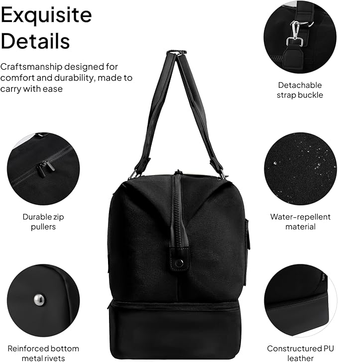 Travel Duffle Bag for Women,40L Weekender Bags Airline Approved Carry On with Shoe Compartment & Waterproof Wet Pocket, Durable Nylon Weekender Overnight Bag for Travel, Gym, Business Trip, Black