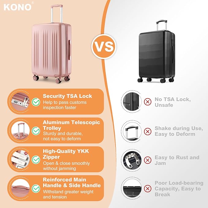Kono Lightweight 24 Inch Expandable Luggage with Quiet Spinner Wheels TSA Lock, Scratch and Drop Resistant PC+ABS Hardside Durable Medium Checked Suitcase, Nude/Rose Gold