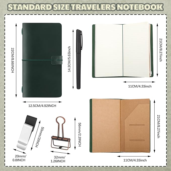 Thenshop Travelers Refillable Leather Journal Notebook Travel Diary Handmade Passport Travelers Journal for Men and Women with 3 Notebook Inserts, Pen Holder, Binder Clip(Green,Stand Size)