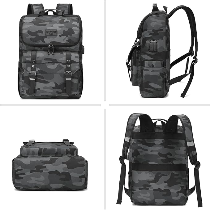 YALUNDISI Vintage Backpack Travel Laptop Backpack with usb Charging Port for Women & Men College Backpack Fits 15.6 Inch Laptop Camouflage Gray