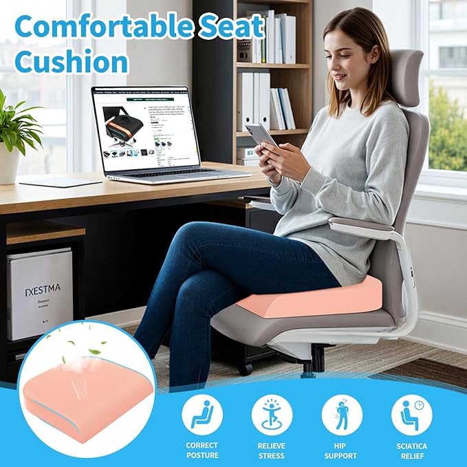 XLarge Seat Cushion, Memory Foam Cushion for Long Sitting Hours on Office Chair, Home & Car, Non-Slip Chair Pad for Relieving Back & Sciatica & Hip & Coccyx Pain (Pink)