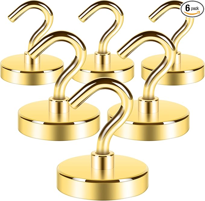 Neosmuk Magnetic Hooks Heavy Duty,Strong Magnet with Hook for Fridge, Super Neodymium Extra Strength Industrial Hooks for Hanging, Magnetic Hanger for Toolbox, Cruise, Grill(Gold,6 Pack)