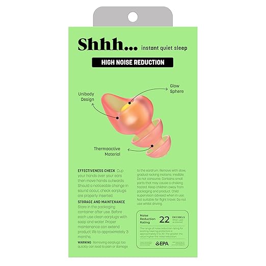 Shhh… Out Like a Light Earplugs for Sleeping – High Noise Reduction Sleep Earplugs with Glow Core, Super Soft Thermoactive Material, 2 Pairs with Case, for Snoring & Loud Environments