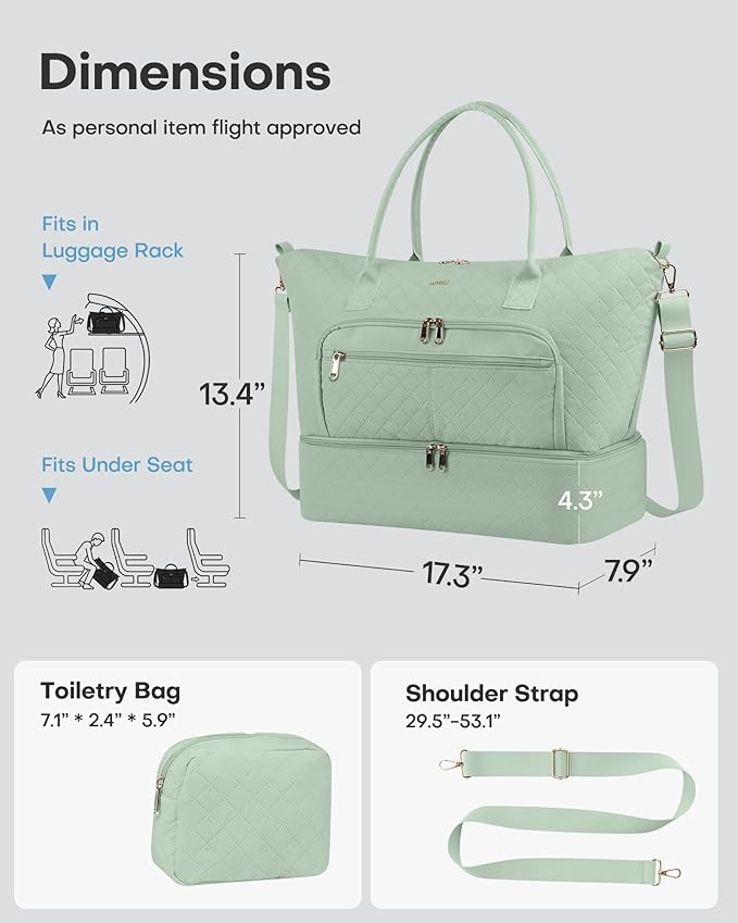 HOTOR Travel Duffle Bag for Women - Carry on Bag with Toiletry Pouch & Shoe Compartment, Large Overnight Weekender Bags for Gym, Business Trips, Sports and Hospital, Green, 17.3" x 7.9" x 13.4"