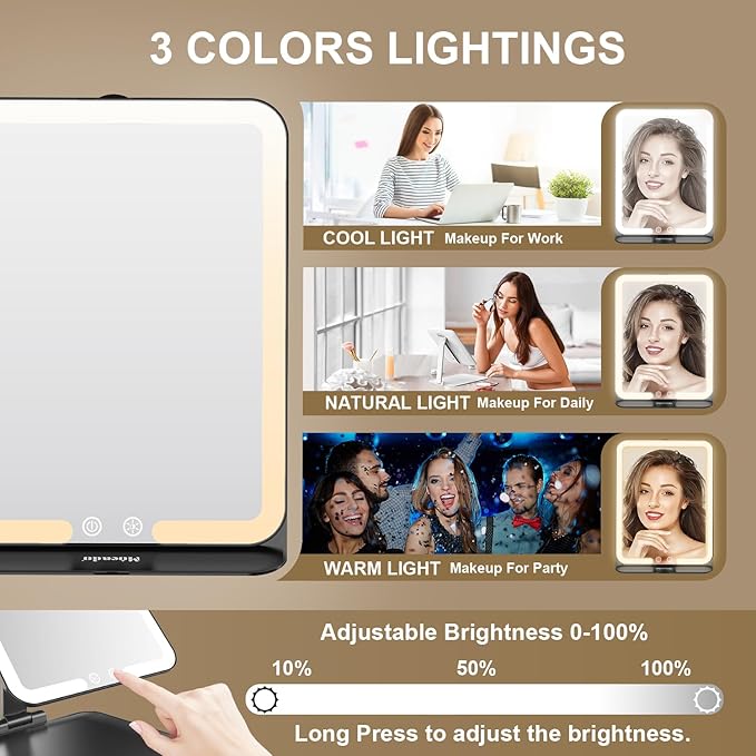 Mocado Travel Makeup Mirror with Light, Tripple Folding Vanity Mirror with Lights, 3 Colors Lighted Makeup Mirror, 1500mAh Rechargeable, Memory Function, Freely Adjust Height and Angle(Black)
