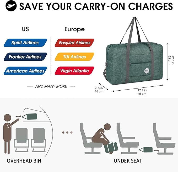 WANDF For Spirit Airlines Personal Item Bag 18x14x8 Travel Duffel Bag Underseat Foldable Carry-on Luggage for Women
