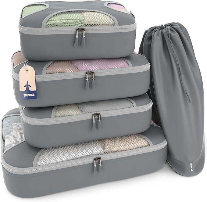 Shacke Packing Cubes for Travel 5 Set - Compression Luggage Organizer Bags - Versatile Travel Organizer for Women and Men - Optimized Packing Bags - Travel Essentials (Charcoal Gray)