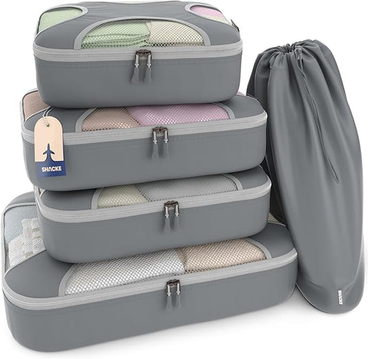 Shacke Packing Cubes for Travel 5 Set - Compression Luggage Organizer Bags - Versatile Travel Organizer for Women and Men - Optimized Packing Bags - Travel Essentials (Charcoal Gray)