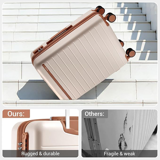 Kono 24 Inch Check In Suitcase Expandable Luggage, Business Travel Suitcase for 5-7 Days, Durable ABS+PC Hardshell with Side Handles & Kick Plates, Double Spinner Silent Wheels, Cream/Brown