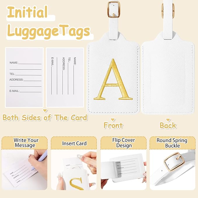 Initial Luggage Tags for Suitcases, Cute Embroidered Letter Luggage Bag Suitcase Identifier Name Baggage Tag, PU Leather Travel Luggage Tags, Bag Tags for Men Women Kids Luggage Handbags(White A)
