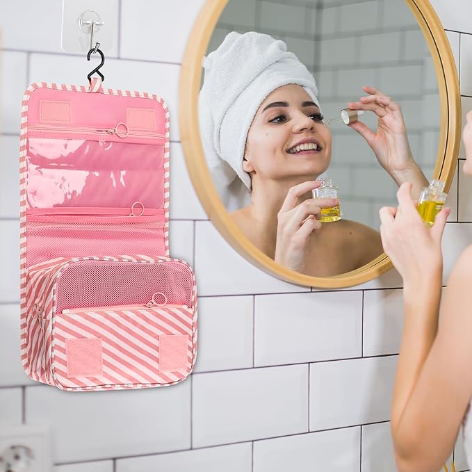 Foldable Hanging Travel Toiletry Bag,Waterproof Portable Travel Bags, Multifunction Travel Makeup Cosmetic Bag Organizer with Hanging Hook (Pink Stripe)
