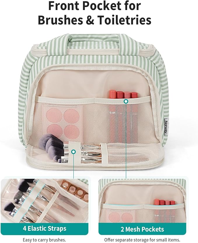 Narwey Striped Travel Toiletry Bag for Women Large Makeup Bag, Wide-open Cosmetic Make Up Organizer with Handle, Travel Bag for Toiletries, Essentials, Accessories (Mint Green Stripe)
